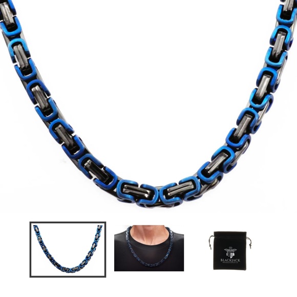 Mens Black And BlueStainless Steel ByzantineLink Chain Necklace